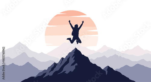 Victorious hiker celebrates summiting mountain peak under setting sun with joyful leap of triumph