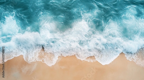 Fototapeta Naklejka Na Ścianę i Meble -  Beautiful summer background with a sandy beach and blue sea water, close up and blurred, copy space concept. Summer vacation banner template design for travel or decoration background