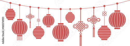 Set hanging chinese lantern icon chinese lunar decoration design vector illustration