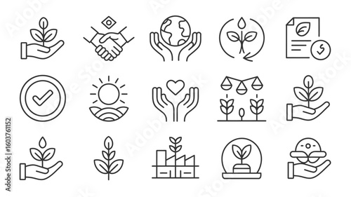 Collection of Black Line Icons Representing Sustainability Corporate Social Responsibility Environmental Protection and Ethical Business