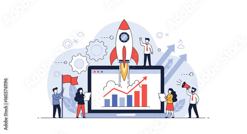 Business growth and success strategy launching startup success with marketing analytics and team collaboration