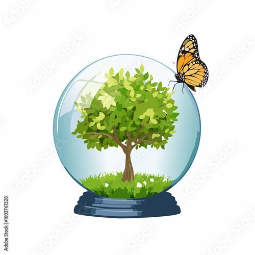 crystal globe containing a miniature tree with a butterfly nearby