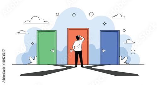 Man stands at crossroads contemplating which of three brightly colored doors to choose a difficult decision facing a person facing multiple paths forward