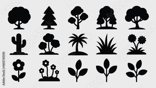 Collection of Black Silhouette Icons Depicting Various Trees Plants Flowers and Grass Showing a Variety of Botanical Life Forms Including