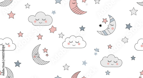 Adorable sleepy moon and cloud pattern with stars for baby nursery decor and textiles