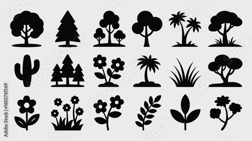 Collection of Black Silhouettes of Various Trees Plants and Flowers Including Deciduous Trees Coniferous Trees Palm Trees Cactus Flowers and Grass
