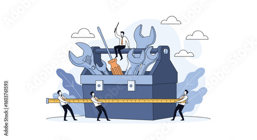 Small team collaborating effectively using large tools and measuring equipment for project success and growth