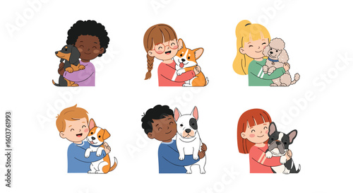 Children lovingly embracing their cherished canine companions showcasing heartwarming interspecies affection and joyful pet ownership experiences
