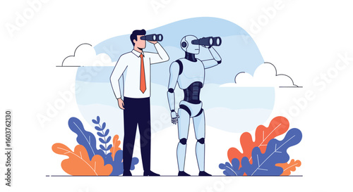 Man and robot looking into the distance with binoculars exploring future opportunities and innovations together