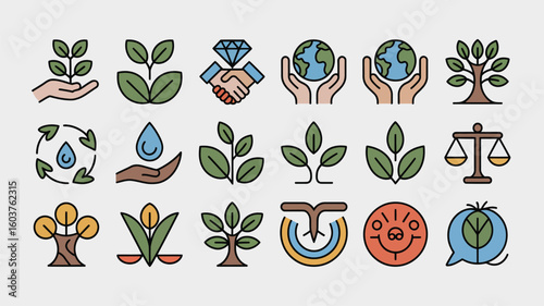 Collection of Colorful Line Art Icons Representing Environmental Sustainability Corporate Social Responsibility and Ethical Business Practices 2