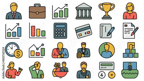 Collection of Colorful Line Icons Depicting Business Finance Success Growth Strategy Time Management Teamwork and More
