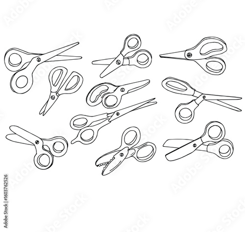 ute cartoon hand drawn vector metal scissors with multicolored handles school supplies needlework items outline.