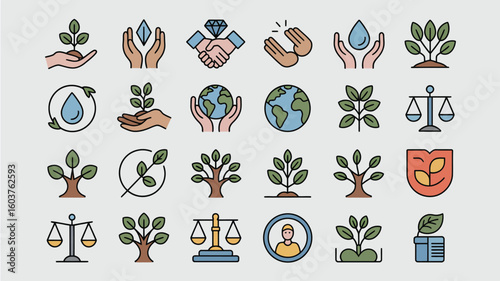 Collection of Colorful Line Icons Representing Environmental Sustainability Corporate Social Responsibility and Ethical Business Practices