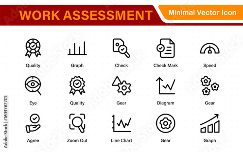 Work Assessment Icons. Features audit documents, profit-loss statements, budget reviews, compliance checks, and accounting dashboards.