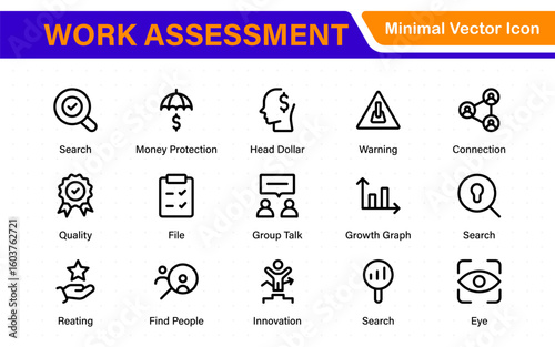 Work Assessment Icons. Features audit documents, profit-loss statements, budget reviews, compliance checks, and accounting dashboards.