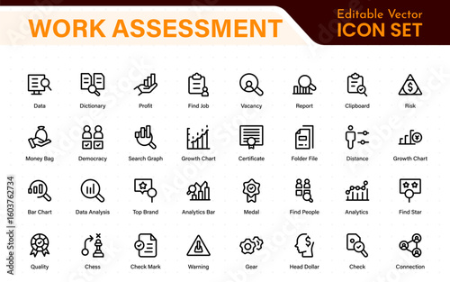 Work Assessment Icons. Features audit documents, profit-loss statements, budget reviews, compliance checks, and accounting dashboards.