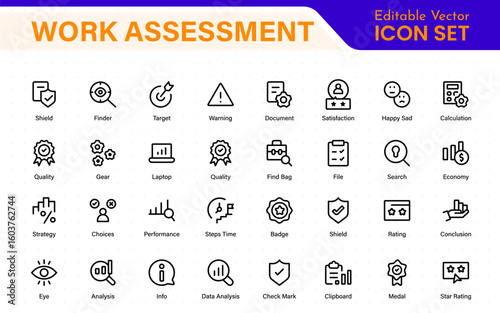 Work Assessment Icons. Features audit documents, profit-loss statements, budget reviews, compliance checks, and accounting dashboards.