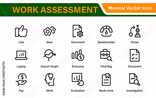 Work Assessment Icons. Features audit documents, profit-loss statements, budget reviews, compliance checks, and accounting dashboards.