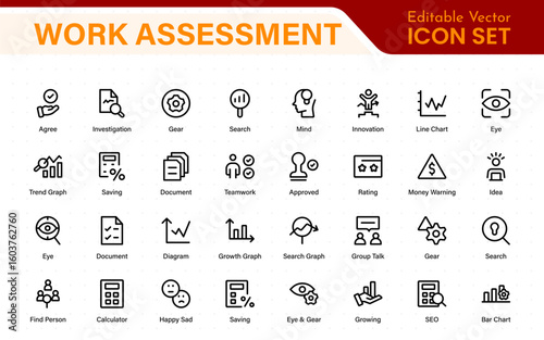 Work Assessment Icons. Features audit documents, profit-loss statements, budget reviews, compliance checks, and accounting dashboards.