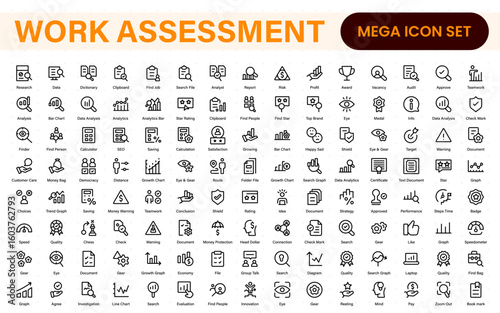 Work Assessment Icons. Features audit documents, profit-loss statements, budget reviews, compliance checks, and accounting dashboards.