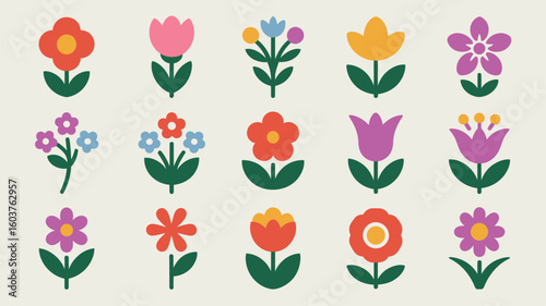 Wallpaper Mural Collection of Retro Style Flower Icons Flat Design Illustrations Diverse Colorful Floral Elements Simple Shapes Tulips Daisies and More Torontodigital.ca