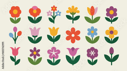 Collection of Retro Style Flower Illustrations Featuring Tulips Daisies and Other Blossoms in Vibrant Colors Including Orange Yellow Pink