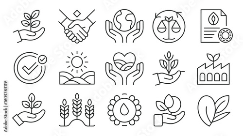 Collection of sixteen black line art icons depicting environmental sustainability concepts including hands holding plants earth a handshake a