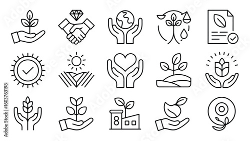 Collection of sixteen black line art icons depicting environmental sustainability concepts including hands holding plants earth heart sprout