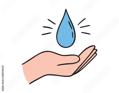 water drop and empty open palm or hand. Eco, ecology care, save the planet doodle hand drawn icon. colorful cartoon line drawing clipart symbol