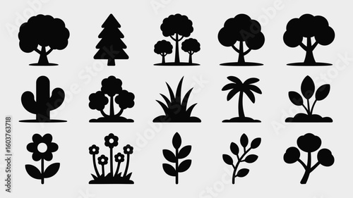 Collection of Sixteen Black Silhouette Icons Depicting Various Trees Plants and Flowers Including Deciduous Trees Coniferous Trees Palm Trees 2