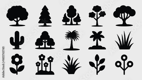 Collection of Sixteen Black Silhouette Icons Depicting Various Trees Plants and Flowers Including Deciduous Trees Coniferous Trees Palm Trees