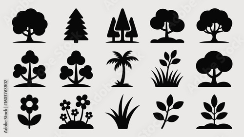 Collection of Sixteen Black Silhouettes of Trees Plants and Flowers on White Background Simple Nature Icons Set for Web Design or App Development