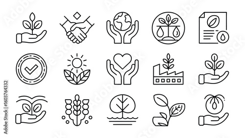 Collection of sixteen monochrome line art icons depicting environmental sustainability corporate social responsibility ethical business 2