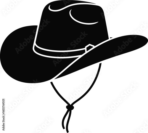 Black silhouette of a classic cowboy hat with a chin strap evoking the spirit of the Wild West rodeos and western fashion isolated on white