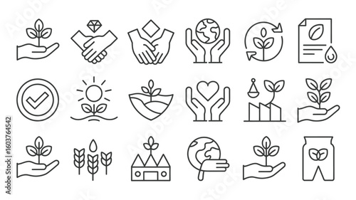 Collection of Twenty Black Line Icons Depicting Sustainability Environmental Conservation Growth and Corporate Social Responsibility Themes