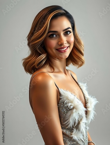Graceful woman with wavy shoulder-length hair and a warm complexion, radiating natural beauty, confidence, and elegance in a soft, contemporary portrait style