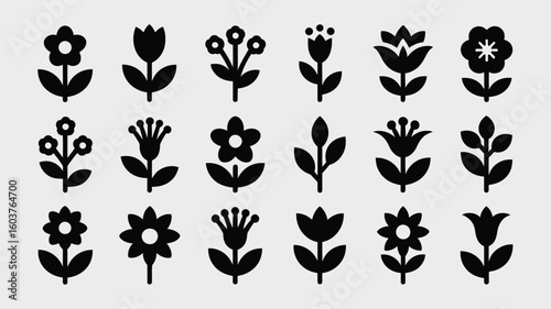 Collection of Twenty Black Silhouette Flower Icons Simple Floral Designs Botanical Elements Vector Graphics Set for Spring Summer Nature Themes