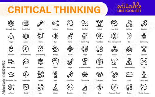 Critical Thinking Line Icons: Analyze, Reason, Decide. Problem-Solving, Logic, Facts, Rational Mind, Decision Making, Strategy, Collection, Thought Process, and more.