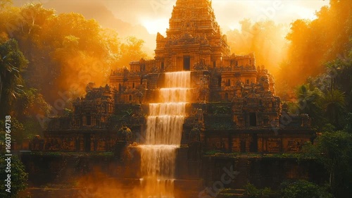 Sunlit tiered temple with cascading waterfall in lush jungle