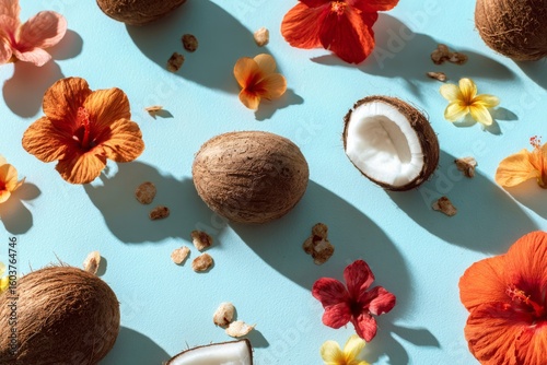 Wallpaper Mural Coconut and granola with red, yellow, and orange flowers Torontodigital.ca