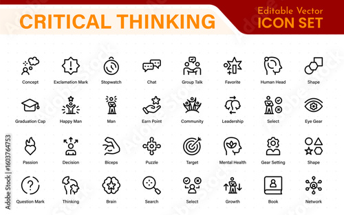 Critical Thinking Line Icons: Analyze, Reason, Decide. Problem-Solving, Logic, Facts, Rational Mind, Decision Making, Strategy, Collection, Thought Process, and more.