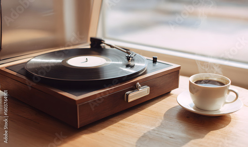 Cozy vintage turntable playing vinyl record with steaming cup of coffee warm natural light relaxed atmosphere nostalgic music moment. generative ai