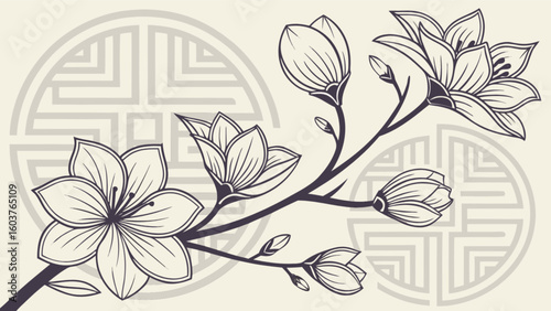 Elegant magnolia flower branch vector art with traditional korean pattern background design illustration