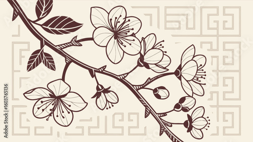 Cherry blossom branch vector art illustration for spring flower design and japanese floral botanical decoration