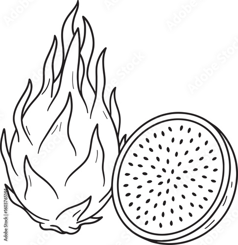 Dragon fruit whole and sliced with seeds pitaya