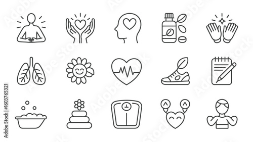 Collection of Wellness Icons Line Art Graphics Black and White Simple Minimalist Style Health Lifestyle Symbols Set