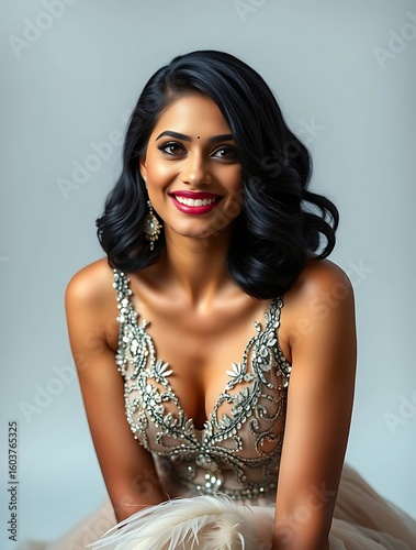 Graceful woman with wavy shoulder-length hair and a warm complexion, radiating natural beauty, confidence, and elegance in a soft, contemporary portrait style