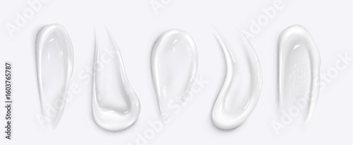 White cosmetic gel smear samples - glossy cream texture swatches, thick transparent skincare product strokes for beauty lotion testing, moisturizer application or pharmaceutical ointment presentation.