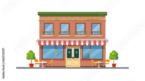 Cartoon restaurant building shop front cafe bistro with tables and chairs vector illustration design