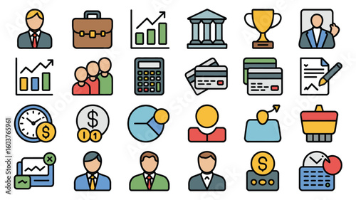 Colorful Business Finance Icons Set Including Graphs Charts People Money Credit Cards Calculator Briefcase Trophy Document Time Clock